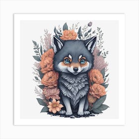 Cute Floral Wolf (5) Art Print