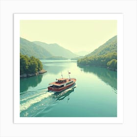 Retro Ferry Gliding Through Watercolor Tranquil Bay 1 Art Print