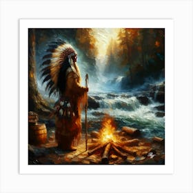 Oil Texture Native American Indian Maiden By Stream 3 Copy Art Print