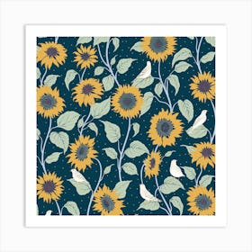 Skylarks in Sunflower Field on Prussian Blue Art Print