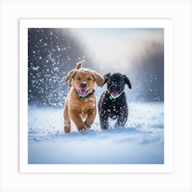 Two Dogs Running In The Snow Art Print
