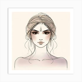 Beauty Line Portrait Drawing With Some Pastel Colors Art Print