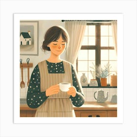 Woman in The Kitchen with Cup of Coffee and Apron Art Print