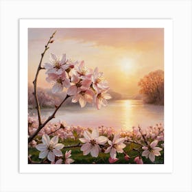 The Fire of Spring Cherry Blossoms At Sunset Art Print