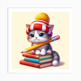 Cute Kitten Sitting On Books 1 Art Print