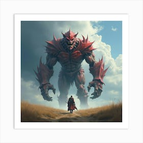 Titan Slayer In A Stormy Battlefield, Watercolor Clouds 1 Art Print