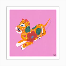 Tiger With Flowers On Pink Background Square Art Print
