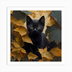Black Kitten In Autumn Leaves Art Print