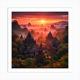 Sunrise In Buddhist Temple Art Print