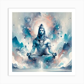 "Ascension of the Ascetic: Lord Shiva's Ethereal Meditation" - This artwork encapsulates the serene and otherworldly essence of Lord Shiva meditating amidst celestial mists and mountain peaks. The soft color palette exudes calmness, while the cosmic elements and fluid art style signify transcendence and the sublime nature of meditation. Shiva's poised and centered form serves as an anchor for the mind and spirit, making this piece a profound statement in any space dedicated to reflection, peace, and spiritual growth. Art Print