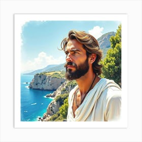 A Watercolor Painting Of A Greek Man With A Classic Aura Amidst A Scenic Coastal Landscape 1 Art Print