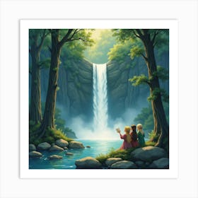 Watercolor Scene Of Elves Singing By A Forest Waterfall At Dusk Art Print