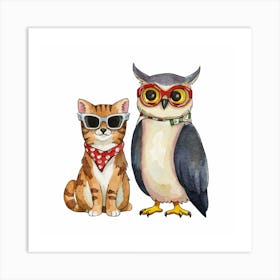 Cat And Owl Art Print