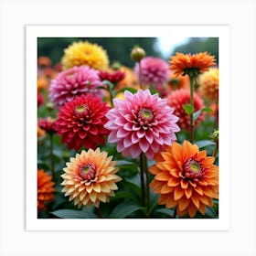 A Vibrant Garden Of Dahlias With Large, Colorful Blooms 4 Art Print