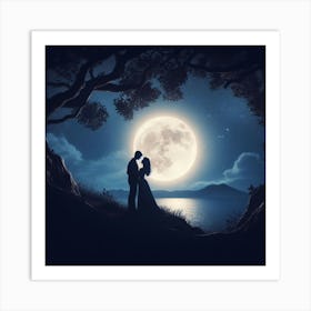 A romantic and enchanting moonlit scene with a silhouetted couple1 Art Print