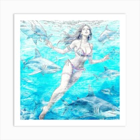 Woman With Shark Swimming Underwater Art Print