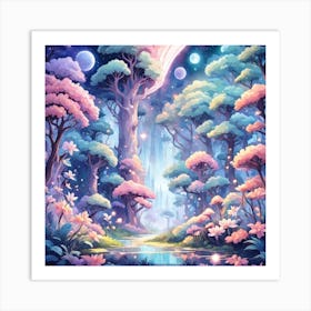 A Fantasy Forest With Twinkling Stars In Pastel Tone Square Composition 39 Art Print