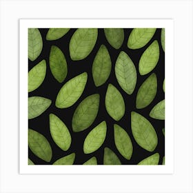 Green Leaves On Black Background Art Print