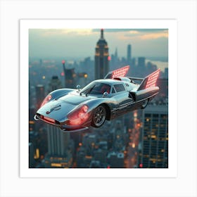 Chrome Flying Car With Glowing Wings, Hovering Above A Cyberpunk Metropolis 1 Art Print