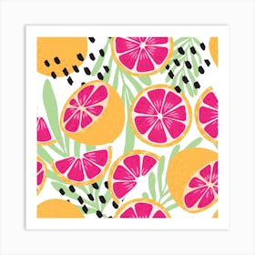 Grapefruit Pattern On White With Floral Decoration Square Art Print