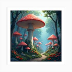 Giant Mushroom Forest With Vibrant, Magical Spores Floating Through The Air 1 Art Print