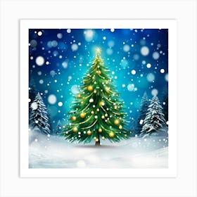 Abstract Digital Painting Of A Christmas Tree Branch Framed With Gently Falling Snowflakes Fir Tre 2 Art Print