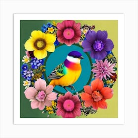 Ring Of Flowers And Bird Art Print