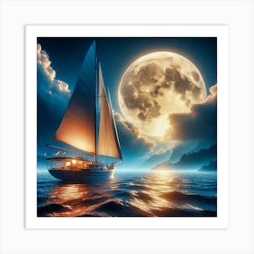 Yacht In Moonlight Art Print