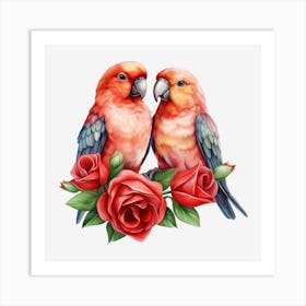 Couple Of Parrots With Roses 4 Art Print
