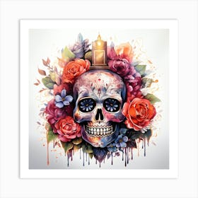 Sugar Skull With Flowers Art Print