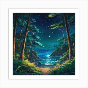 Moonlit Coastal View Through a Forest Path at Night Art Print