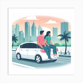 Illustration Of Young Couple Riding In A Car Art Print