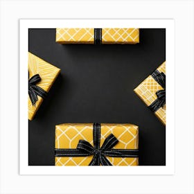 Yellow Gift Box On A Plain Black Background (7) Art Print