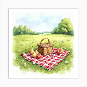 An English Countryside Picnic With A Checkered Blanket And Basket, Watercolor Art Print