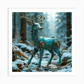 Whimsical Teal Hued Robotic Deer Composed Of Ceramic And Metal With Robot Like Features Frolicking I Art Print