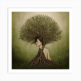 Firefly Fantasy, Woman, Tree, Elements, Green, Brown, Painting, Surreal, Speakeasy, Vibe, Realistic, (11) Art Print