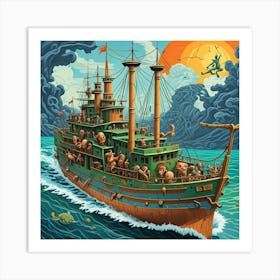 Steampunk Steam Ship Cubism Style Art Print