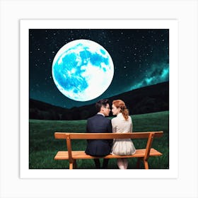 Couple Sitting On Bench Under Moon 1 Art Print