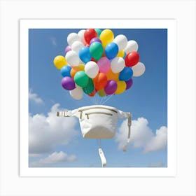 A White Fanny Pack Suspended In The Air, Lifted By A Cluster Of Colorful Balloons Against A Blue Sky With Fluffy Clouds Art Print