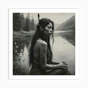 Native American Female By A Lake Charcoal 1 Art Print