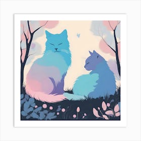 Silhouettes Of Cats In The Day Garden, Blue, Pink And Lilac Art Print