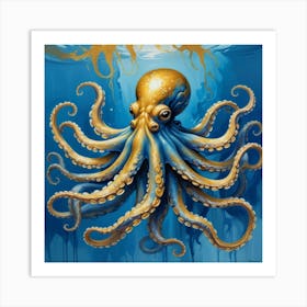 Octopus Blue And Gold Animal Art Print Art Print