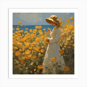 Girl In A Field Of Sunflowers Art Print