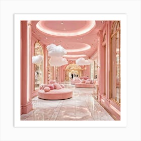 A Whimsical Cotton Candy Hued Shopping Mall Enshrined By Soft Clouds As Walkways Golden Motifs Su Art Print