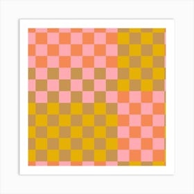 Modern Checkerboard Shapes in Pink Orange and Yellow Art Print