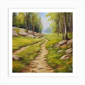 Path In The Woods.A dirt footpath in the forest. Spring season. Wild grasses on both ends of the path. Scattered rocks. Oil colors.15 Art Print