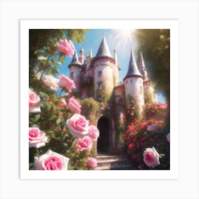 Fairytale Castle Garden with Pink Roses Art Print