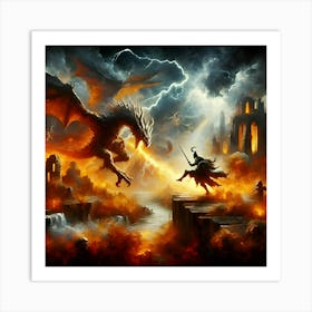 A Dramatic Battle Scene Featuring A Knight Fighting A Dragon In Fiery Ruins With Lightning Bolts Striking Dynamically Posed Combatants, Depicted In A Stylized Painterly Style 3 Art Print