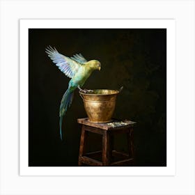 Iridescent Bird Wings Unfurling Emerging From A Gold Leafed Baroque Paint Pot Positioned On An An Art Print