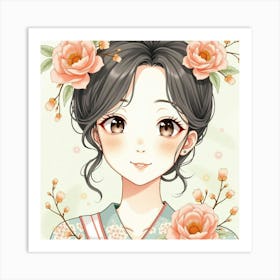 Portrait Of A Japanese Woman With A Soft Smile, Delicate Features Framed By Flowers, Watercolor Art Print